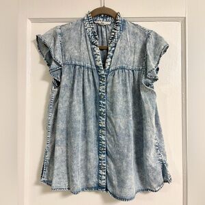 Denim short sleeve button down shirt acid washed blue size small